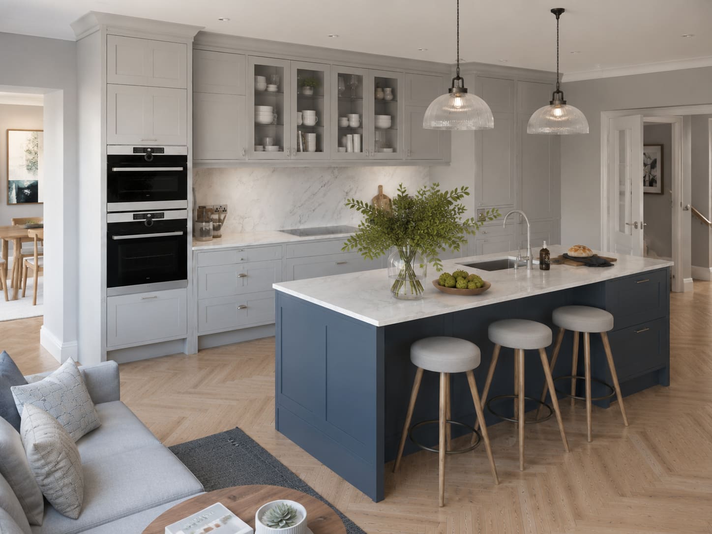 Pearl bespoke kitchen London with slate-blue island and marble worktops — Dominus Kitchens